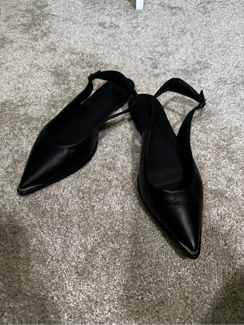 Freda Salvador Black Pointed Slingback Flats with Subtle Metal Trim